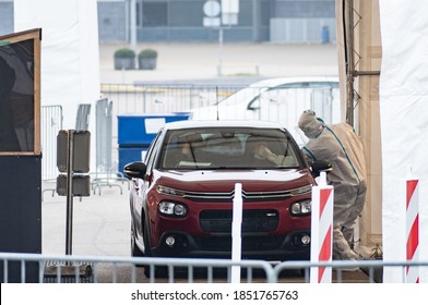 Vilnius, Lithuania - November 10 2020: Mobile Testing Station Tent, Hot Spot For Swab Test During Coronavirus Or COVID19 Outbreak With Paramedic And Car