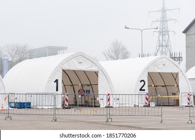 Vilnius, Lithuania - November 10 2020: Many Mobile Testing Station White Tents In A Row, Hot Spot For Swab Test During Coronavirus Or COVID19 Outbreak