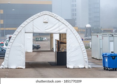 Vilnius, Lithuania - November 10 2020: Many Mobile Testing Station White Tents In A Row, Hot Spot For Swab Test During Coronavirus Or COVID19 Outbreak