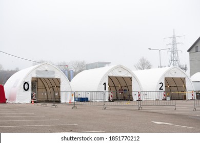 Vilnius, Lithuania - November 10 2020: Many Mobile Testing Station White Tents In A Row, Hot Spot For Swab Test During Coronavirus Or COVID19 Outbreak