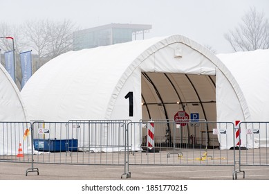 Vilnius, Lithuania - November 10 2020: Many Mobile Testing Station White Tents In A Row, Hot Spot For Swab Test During Coronavirus Or COVID19 Outbreak