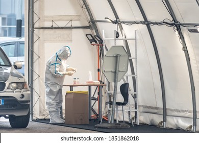 Vilnius, Lithuania - November 10 2020: Mobile Testing Station Tent, Hot Spot For Swab Test During Coronavirus Or COVID19 Outbreak With Paramedic And Car