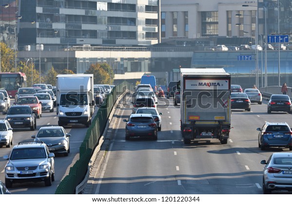 Vilnius, Lithuania, October 12:\
traffic, cars on highway road on October 12, 2018 in Vilnius,\
Lithuania. Vilnius is the capital of Lithuania and its largest\
city.