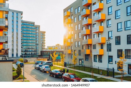 Vilnius, Lithuania - October 8, 2018: Apartment EU Home, House Residential Building Complex Real Estate Concept. Street Car Parking. During The Sunset