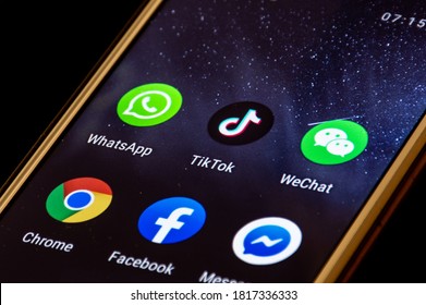 Vilnius, Lithuania - September 18 2020: Close Up View Of TikTok And WeChat Logo, App Icon Displayed On A Smartphone With Other Apps