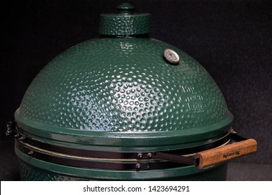 Vilnius/Lithuania June 13, 2019 The Big Closeup Of Green Ceramic BBQ Grill.
Green Egg is the brand name of a kamado-style ceramic charcoal barbecue cooker.