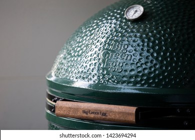 Vilnius/Lithuania June 13, 2019 The Big Closeup Of Green Ceramic BBQ Grill.
Green Egg Is The Brand Name Of A Kamado-style Ceramic Charcoal Barbecue Cooker.