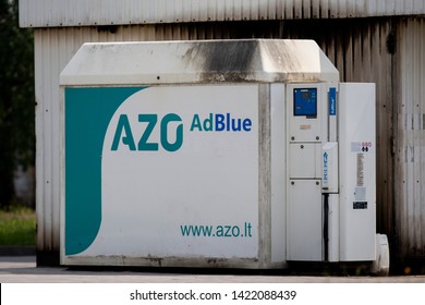 Vilnius/Lithuania May 26, 2019 
The AdBlue tank at the gas station. AdBlue is a diesel exhaust cleaning fluid for trucks and buses.