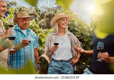 Vineyard, people and happy as friends with wine glass for tasting, drinking and break in France. Farm, outdoor and smile together with sommelier with alcohol for bonding, support and holiday to relax - Powered by Shutterstock