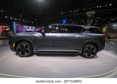 An Vinfast VFe36 vehicle is displayed at the 2021 LA Auto Show media day in Los Angeles, November, 18, 2021. 