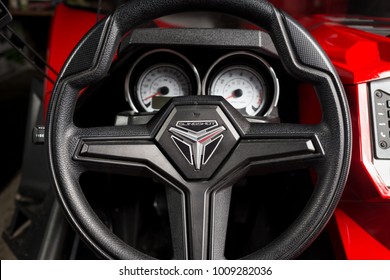 Vinnitsa, Ukraine - 18 November 2017: Polaris Slingshot, A Three-wheeled Motor Vehicle - Helm