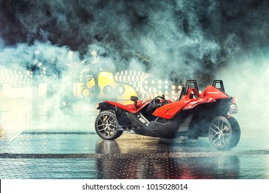 Vinnitsa, Ukraine - 18 November 2017: Polaris Slingshot, A Three-wheeled Motor Vehicle On Road