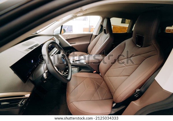 Vinnitsa,\
Ukraine - January 14, 2022. BMW IX - new model all-electric SUV car\
presentation in showroom - interior\
inside