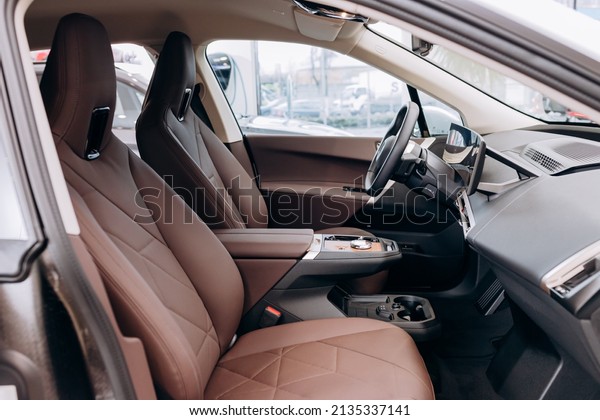 Vinnitsa,\
Ukraine - January 14, 2022. BMW IX - new model all-electric SUV car\
presentation in showroom - interior\
inside