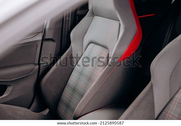 Vinnitsa,\
Ukraine - June 01, 2021.  Volkswagen Golf 8 GTI - new model car\
presentation in showroom - interior\
inside