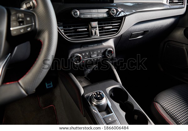 Vinnitsa,\
Ukraine -October 19, 2020. Ford Kuga - new model car presentation\
in showroom - interior inside with\
transmission