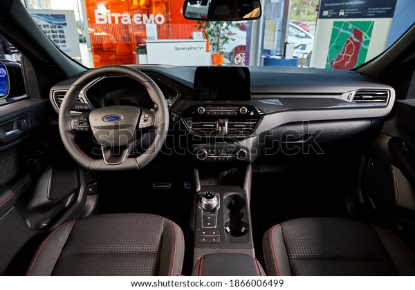 Vinnitsa, Ukraine -October 19, 2020. Ford Kuga -\
new model car presentation in showroom - interior inside with\
steering wheel