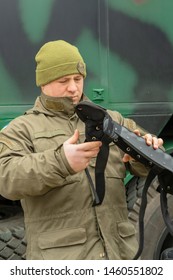 Vinnitsa.Ukraine 03/25/2019. The Serviceman Lays Outfit.  Suit With Ceramic Plates And Kevlar. Protective Clothes