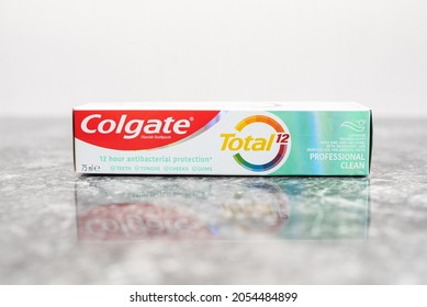 Vinnytsia, Ukraine - 08 October, 2021, - Colgate Total Toothpaste Package On The Table