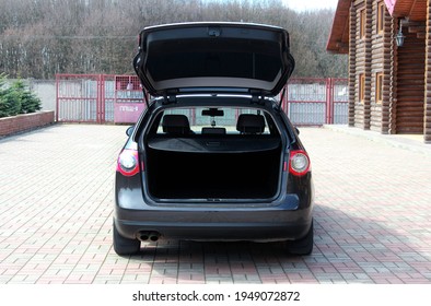 Vinnytsia, Ukraine; April 03, 2020. Black Volkswagen Passat B6 open trunk. Volkswagen Passat trunk. Editorial photo.