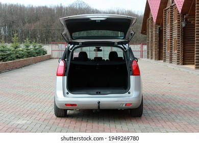 Vinnytsia, Ukraine; April 03, 2020. French car Grey Peugeot 5008 open trunk. Peugeot 5008 trunk. Editorial photo.