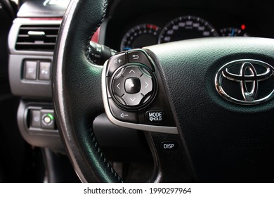 Vinnytsia, Ukraine; April 14, 2021. Toyota Camry steering wheel. Left view. Toyota Camry interior. Toyota Camry dashboard. Editorial photo.