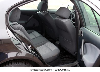 Vinnytsia, Ukraine; December 12, 2020. Black Car Skoda Octavia Tour 2008. Сar Interior. Rear Passenger Seat. Car Dashboard. Editorial Photo.