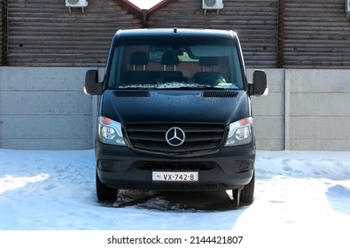 Vinnytsia, Ukraine; February 02, 2022. Black Mercedes Sprinter Cargo Van 316 On The Parking Lot In Snow. Winter Photo. Front View. Editorial Photo.