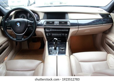 Vinnytsia, Ukraine; February 24, 2020. Black germany car BMW 745i 2008. Car interior. BMW 7 Dashboard. Driver's seat. BMW 7 series. Editorial photo.
