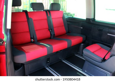 Vinnytsia, Ukraine; Jule 12, 2020. Volkswagen Multivan Red Interior. Multivan Rear Passenger Seat. Volkswagen Van Red Dashboard. Editorial Photo.