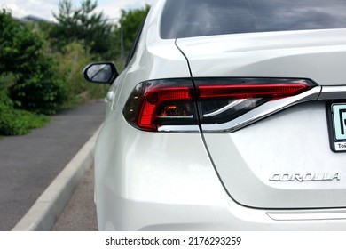 Vinnytsia, Ukraine; July 08, 2022. Toyota Corolla left tail light. Japan car Toyota Corolla rear light.
