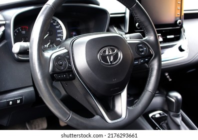 Vinnytsia, Ukraine; July 08, 2022. Toyota Corolla steering wheel. Toyota Corolla interior. Toyota Corolla dashboard.