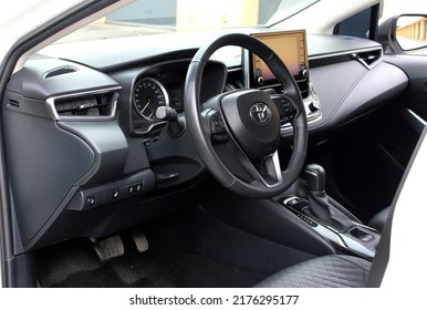 Vinnytsia, Ukraine; July 08, 2022. Toyota Corolla driver seat. Toyota Corolla steering wheel. Toyota Corolla interior. Toyota Corolla dashboard.