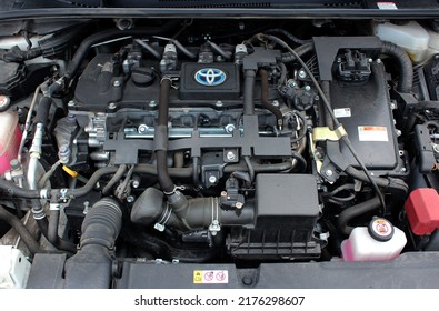 Vinnytsia, Ukraine; July 08, 2022. Toyota Corolla Hybrid Close up engine. Toyota Corolla Hybrid open hood. 