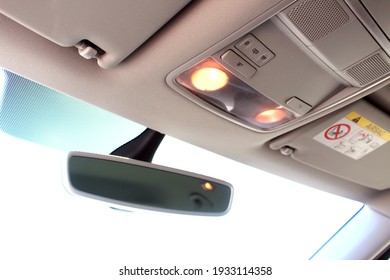 Vinnytsia, Ukraine; July 11, 2020. Skoda Yeti 2014 Interior Lighting. Rearview Mirror. Editorial Photo.