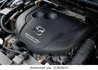 Vinnytsia, Ukraine; July 14, 2022. Close Up Mazda CX-5 Skyactiv Diesel Engine. Mazda CX 5 Engine. Left View.