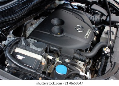 Vinnytsia, Ukraine; July 14, 2022. Close Up Mazda CX-5 Skyactive Diesel Engine. Mazda CX 5 Engine. Right View.