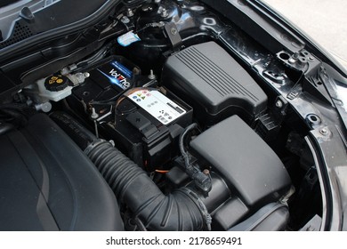 Vinnytsia, Ukraine; July 14, 2022. Close Up Mazda CX-5 Skyactive Diesel Engine. Mazda CX 5 Battery And Air Filter.