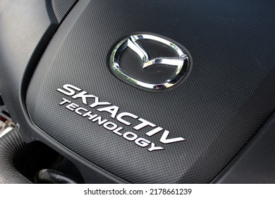 Vinnytsia, Ukraine; July 14, 2022. Mazda CX 5 Engine Cover. Close Up Mazda Skyactiv Logo. Mazda CX 5 Skyactiv Tehnology Emblem. 