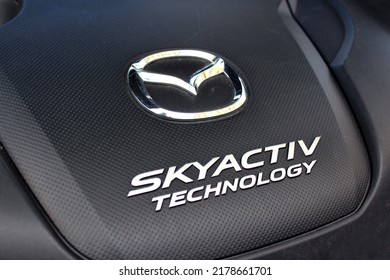 Vinnytsia, Ukraine; July 14, 2022. Mazda CX 5 Engine Cover. Close Up Mazda Skyactiv Logo. Mazda CX 5 Skyactiv Emblem. Right View.