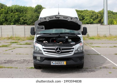 Vinnytsia, Ukraine; June 19, 2021. White Mercedes Sprinter 316 Cargo Van Open Hood. Mercedes Sprinter Engine. Editorial Photo.