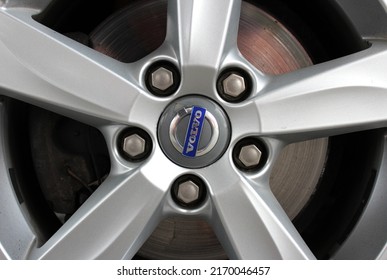 Vinnytsia, Ukraine; June 21, 2022. Volvo V50 2012 year model wheel rim. Close up Volvo car front wheel.