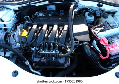 Vinnytsia, Ukraine; March 13, 2021. Renault Duster Engine. Gas Installation In The Engine. Front View. Editorial Photo.