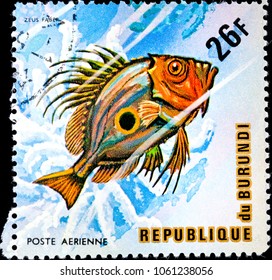 Vinnytsia Ukraine - March 14, 2018: A Stamp Printed In Burundi, Shows A Fish  Zeus Faber, 1975.