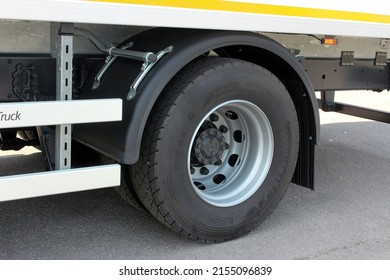 Vinnytsia, Ukraine; May 07, 2022.  Rear wheel of a truck. Rear wheel Good Year KMAX truck DAF LF. DAF rear wheel. Rear Goodyear Wheel Chassis with a Tread from the Truck.