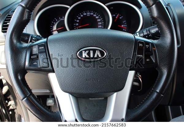 Vinnytsia,\
Ukraine; May 18, 2022. KIA Sorento steering wheel. Closeup image of\
Korean car steering wheel with function buttons. KIA Sorento\
passenger seat. KIA Sorento dashboard.\
