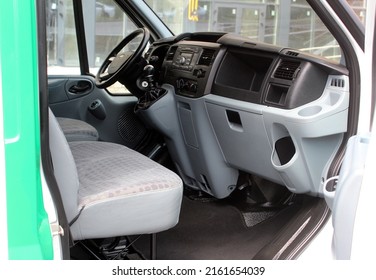 Vinnytsia, Ukraine; May 27, 2022. Ford Transit Driver Seat. Ford Transit Dashboard. Fort Transit Interior.