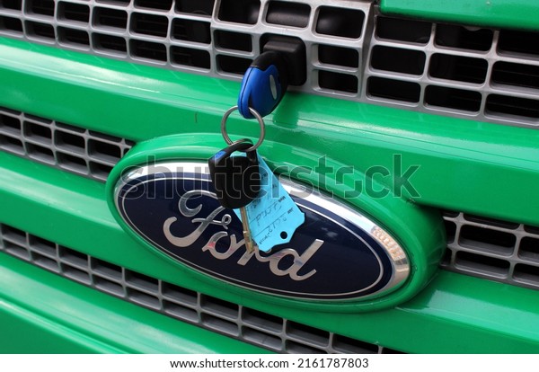 Vinnytsia, Ukraine; May 27, 2022. Ford Transit hood\
opening key. Ford Transit logo and emblem. Ford Transit ignition\
key in the hood.