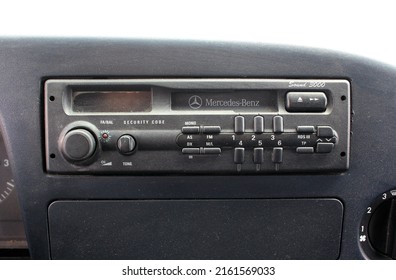 Vinnytsia, Ukraine; May 28, 2022. Old Car Stereo. Retro Radio Mercedes. Cassette Player Mercedes. Old Mercedes Sprinter 1999 Dashboard. Old Mercedes Sprinter Interior.