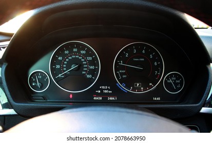 Vinnytsia, Ukraine; November 10, 2021. BMW 328 odometer. BMW 328 speedometer. BMW 328 interior. BMW 328 dashboard. Editorial photo.